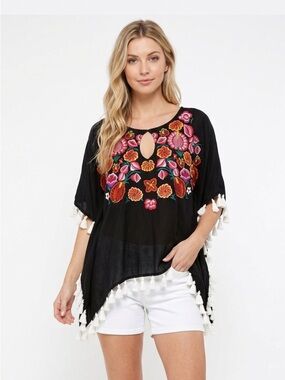 Judith March black floral embroidered swim cover top size small oversized